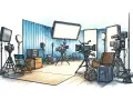 Studio di registrazione con telecamere, luci e attrezzature. Un set pronto per girare, con tutti i termini cinematografici in inglese a portata di mano.
