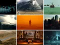 Un' **establishing shot** mostra un castello imponente, elicotteri sull'acqua, una città al tramonto, un'astronave nello spazio, una figura solitaria in un paesaggio arancione, un'auto su una strada deserta, una scena in un cinema e un veicolo futurist...