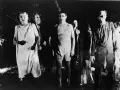 Un gruppo di persone dall'aspetto spettrale, un'immagine che evoca il significato di un b movie, cammina in un bosco di notte.