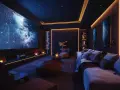 Sala cinema immersiva con schermo gigante, divani comodi e luci soffuse che creano un'atmosfera stellare.