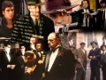 Collage di scene iconiche di film criminali: uomini con pistole, abiti eleganti e sguardi minacciosi.