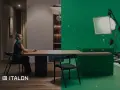 Scena divisa: a sinistra, una donna seduta a un tavolo in un interno elegante; a destra, un set con green screen e luci, dove nascono gli effetti speciali cinema.