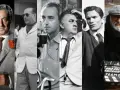 Cinque volti di un regista romano famoso, tra cui Marcello Mastroianni, in un collage di immagini cinematografiche.