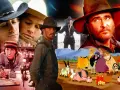 Collage di scene da film western, con personaggi famosi e animali animati, per celebrare i migliori film western.