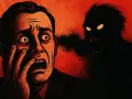 Un uomo terrorizzato con la mano sul volto, mentre un'ombra oscura con occhi luminosi e denti aguzzi emerge da un fumo nero. Un'immagine perfetta per i film horror corti.