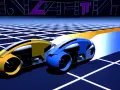 Due moto da corsa digitali, una gialla e una blu, sfrecciano su una griglia luminosa, un classico esempio di effetti speciali cinematografici.
