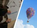 Una persona analizza una **scheda di analisi di un film** mentre una casa vola nel cielo con palloncini colorati.