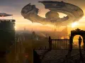 Un'imponente nave madre sci fi incombe su una città al tramonto, mentre un UFO più piccolo sorvola un grattacielo. Una figura silhouette osserva la scena da un balcone.