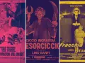 Locandine di film horror divertenti: un vampiro minaccia una donna, un esorcista con falce e ferro di cavallo, e Fracchia contro Dracula.