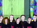 Coro di voci in una chiesa con vetrate colorate. Un'immagine che potrebbe far parte dei migliori cortometraggi animati.