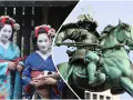 Due geishe in kimono e una statua di samurai a cavallo, immagini iconiche dei film giapponesi famosi.