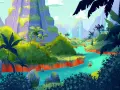 Un bambino su una barca naviga un fiume turchese tra rovine antiche e giungle lussureggianti, un'avventura perfetta per i cortometraggi per bambini.