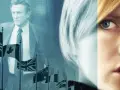 Sean Penn, circondato da bandiere internazionali, e il volto di Nicole Kidman, suggeriscono il thriller politico "The Interpreter".