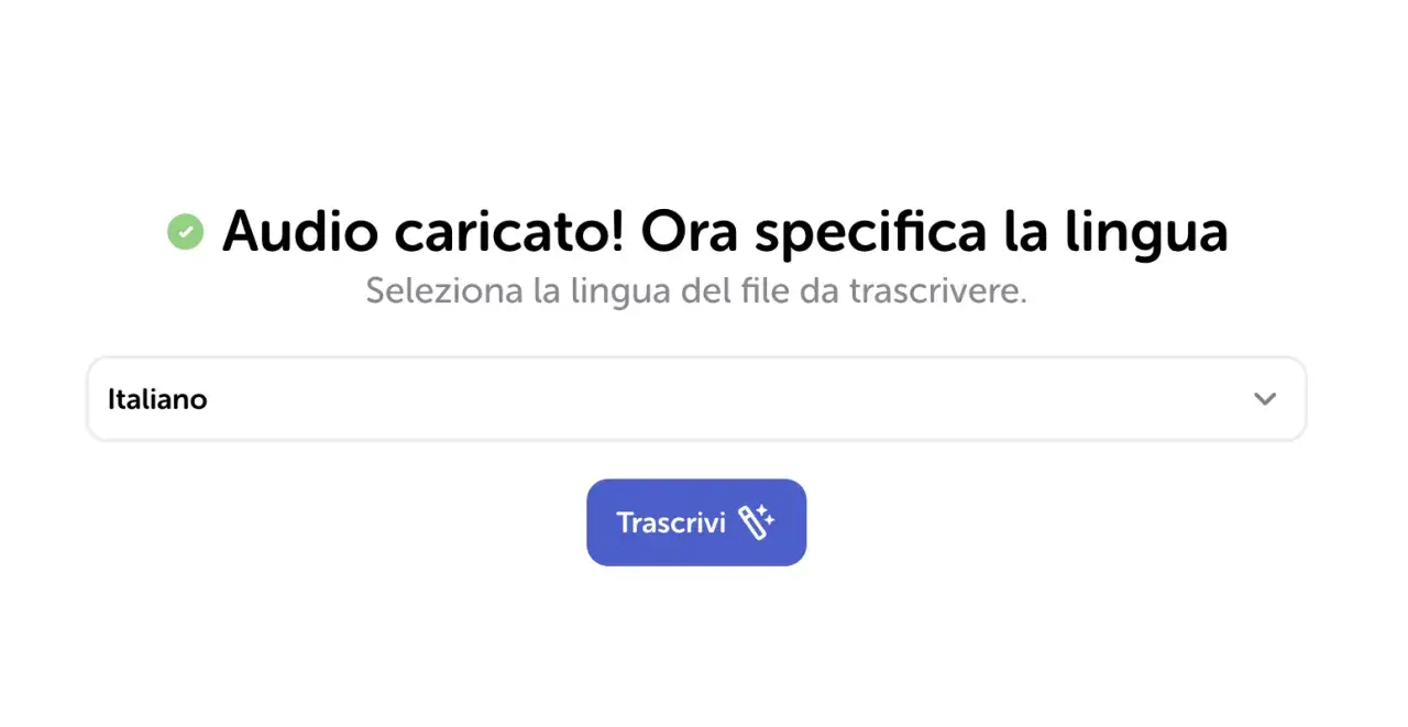 L'app per trascrivere audio ha caricato il file. Seleziona "Italiano" per procedere alla trascrizione.