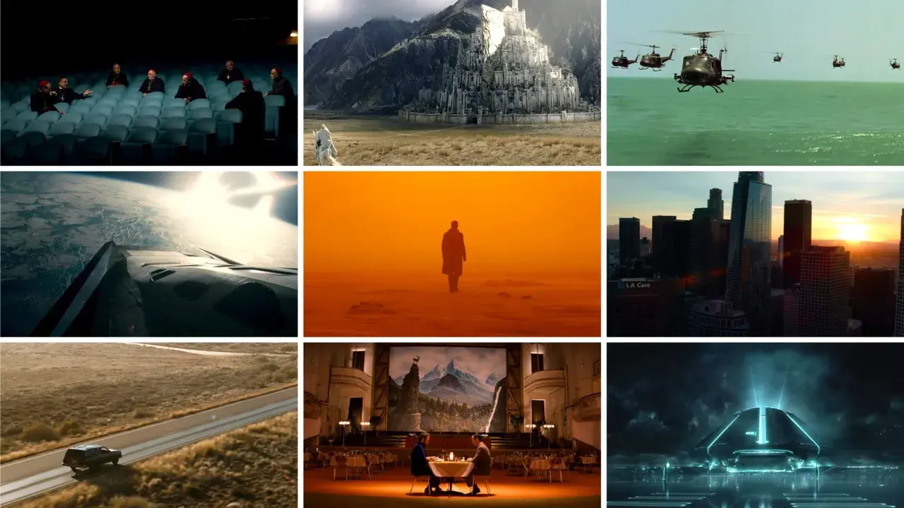 Un' **establishing shot** mostra un castello imponente, elicotteri sull'acqua, una città al tramonto, un'astronave nello spazio, una figura solitaria in un paesaggio arancione, un'auto su una strada deserta, una scena in un cinema e un veicolo futurist...
