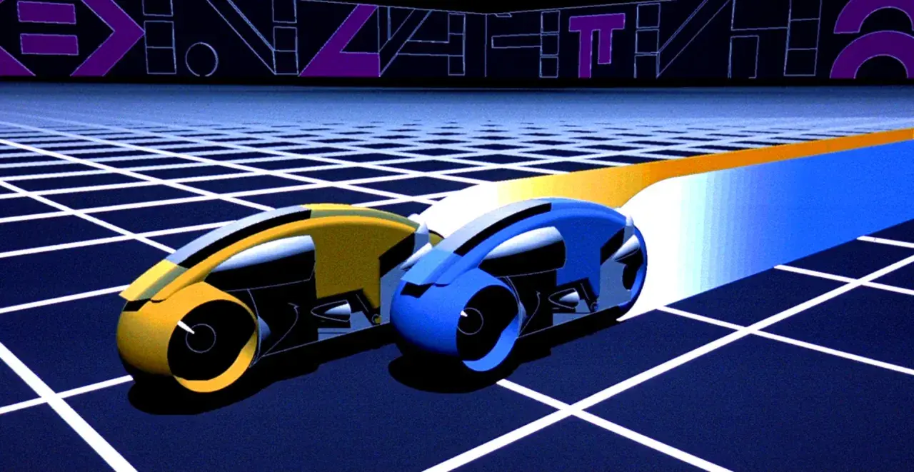 Due moto da corsa digitali, una gialla e una blu, sfrecciano su una griglia luminosa, un classico esempio di effetti speciali cinematografici.