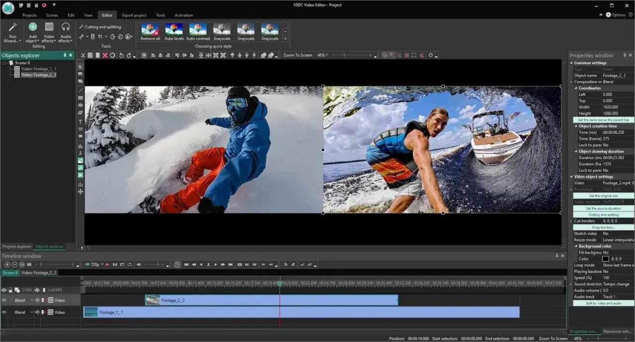 Editor video Windows 10 gratis: VSDC mostra un'anteprima di video di snowboard e wakeboard, pronto per il montaggio.
