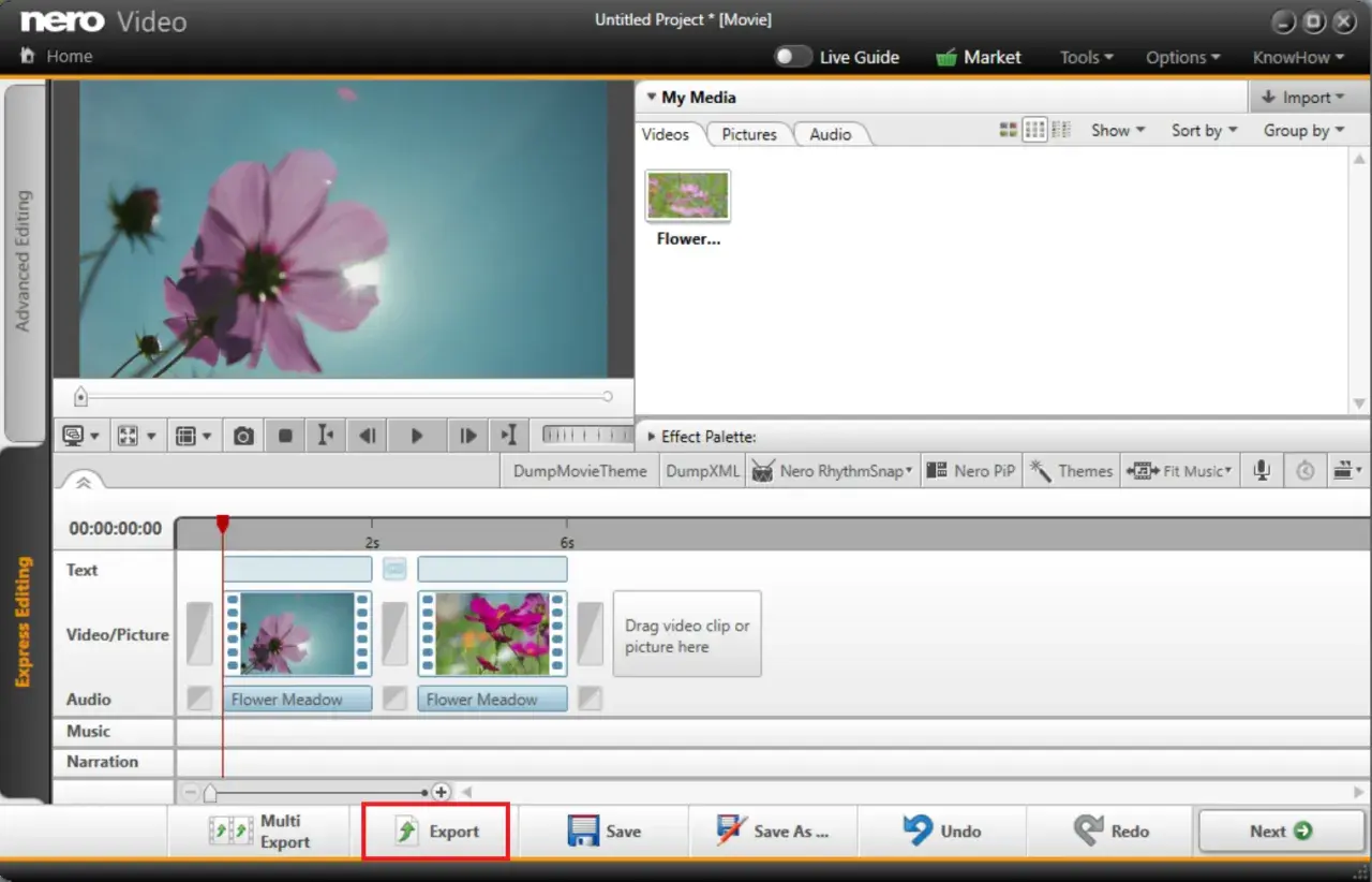 Interfaccia di Nero Video, con il pulsante "Export" evidenziato, per mostrare come tagliare un video.