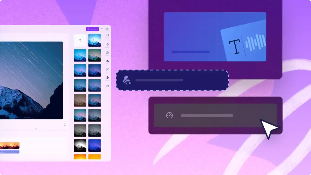 Interfaccia di editing video con opzioni per velocizzare un video, regolare audio e testo.