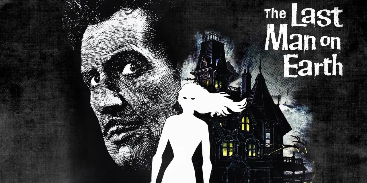 Il volto di Vincent Price domina l'immagine, con una casa gotica e una figura bianca spettrale. Un classico tra i migliori film distopici.
