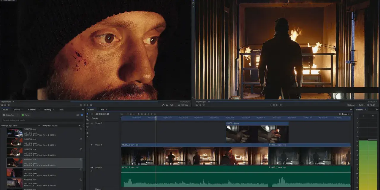 Un editor video professionale in azione, con una timeline complessa e clip che mostrano un uomo ferito e una scena di fuoco.
