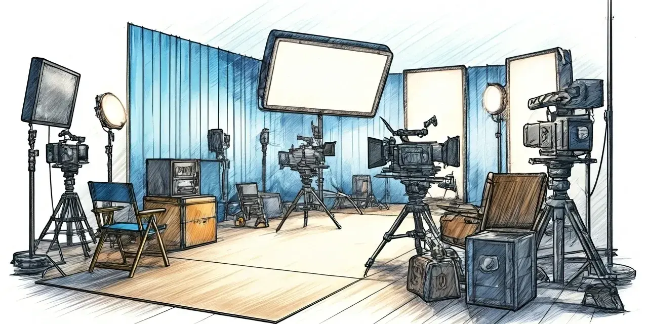 Studio di registrazione con telecamere, luci e attrezzature. Un set pronto per girare, con tutti i termini cinematografici in inglese a portata di mano.