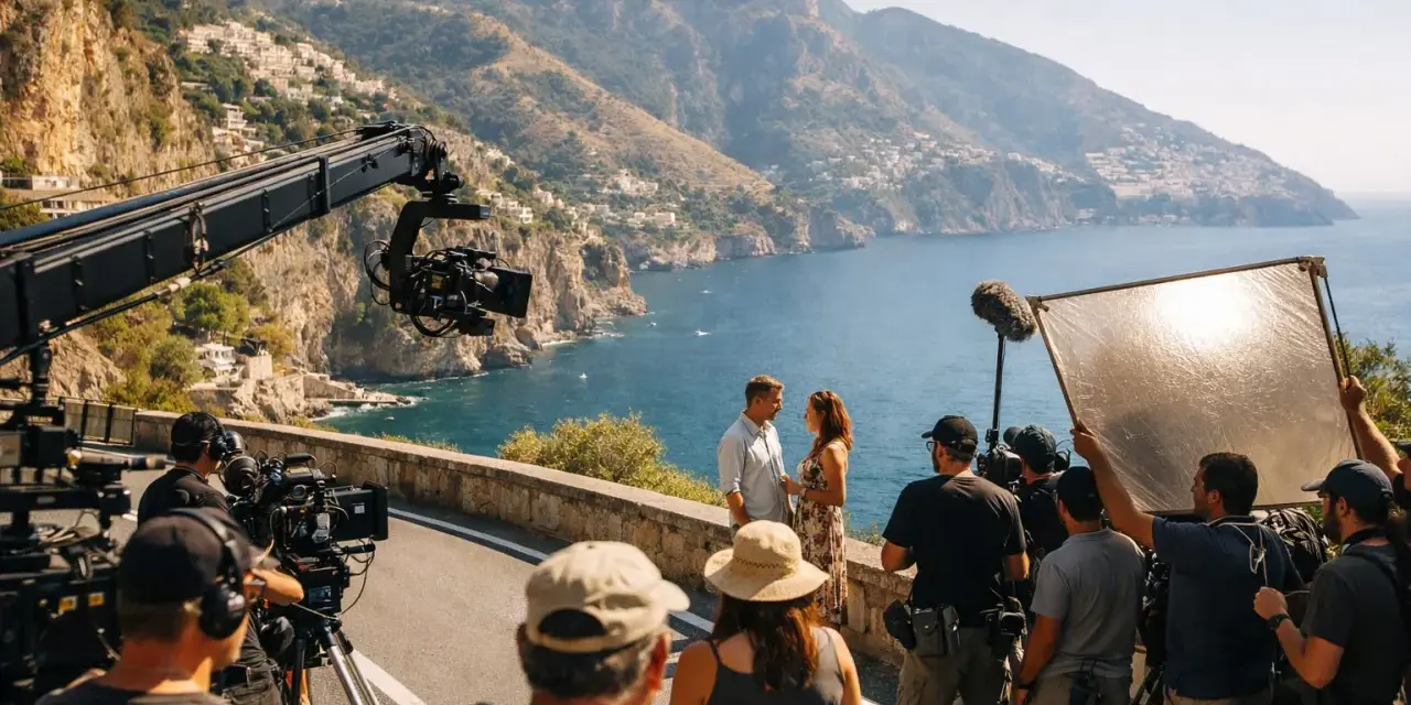 Una troupe cinematografica cattura una scena romantica con una coppia, tra montagne e mare, un'immagine che evoca la magia della hollywood industria cinematografica.