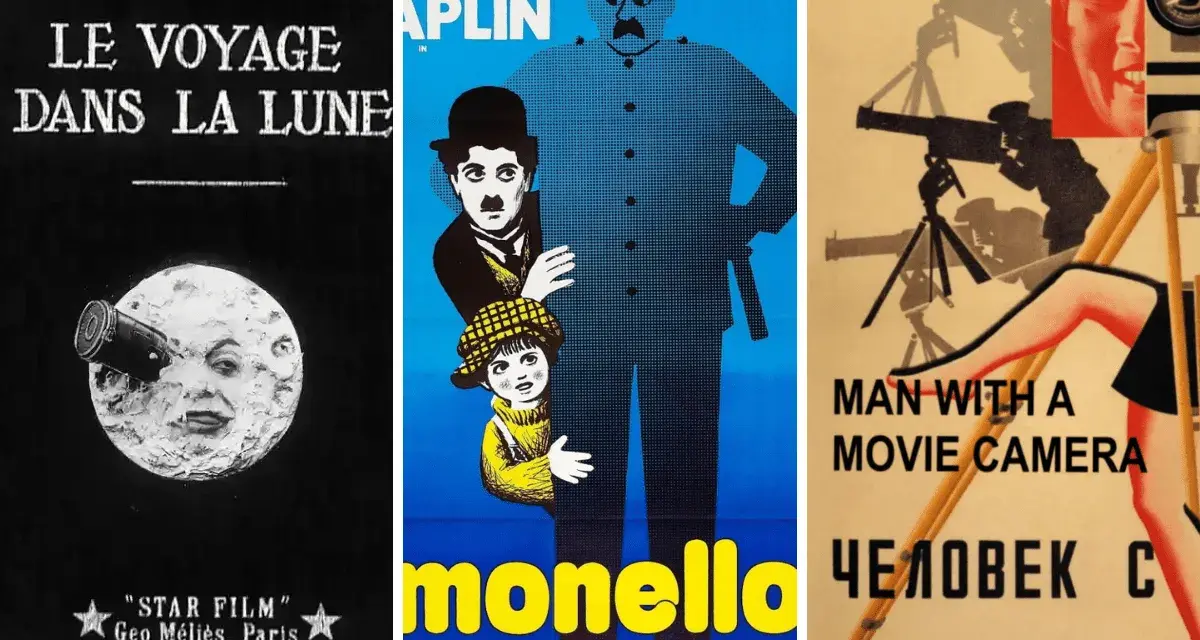 Collage of three vintage film posters: "Le Voyage dans la Lune," Charlie Chaplin, and "Man with a Movie Camera.