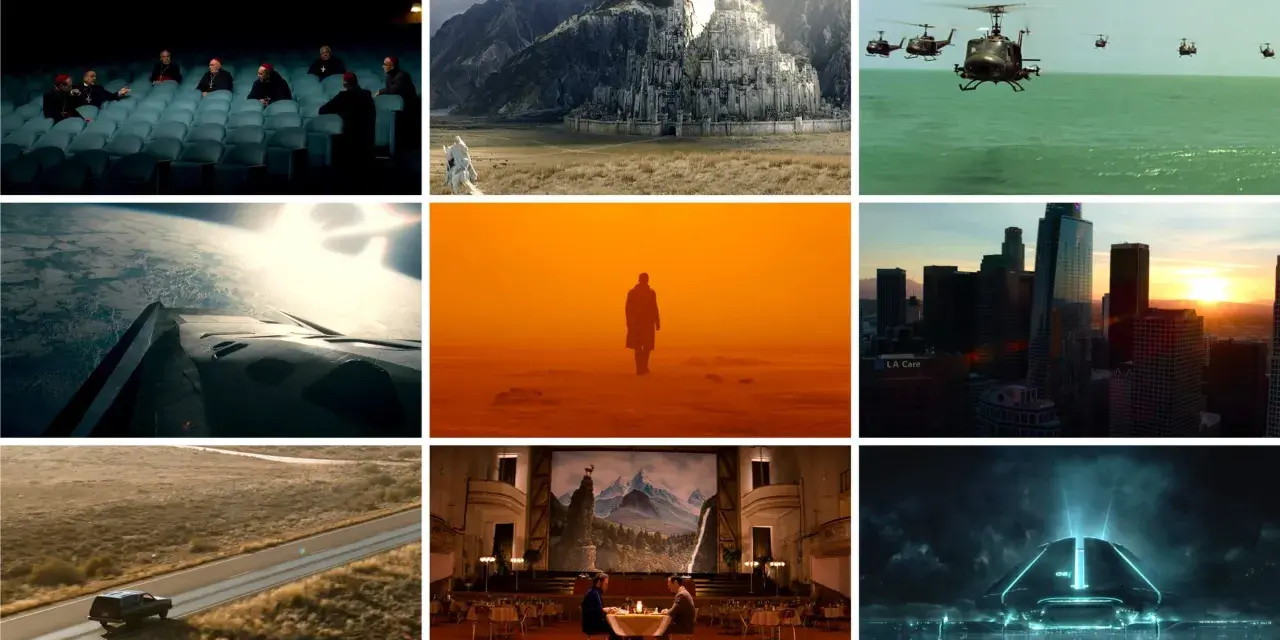 Un' **establishing shot** mostra un castello imponente, elicotteri sull'acqua, una città al tramonto, un'astronave nello spazio, una figura solitaria in un paesaggio arancione, un'auto su una strada deserta, una scena in un cinema e un veicolo futurist...
