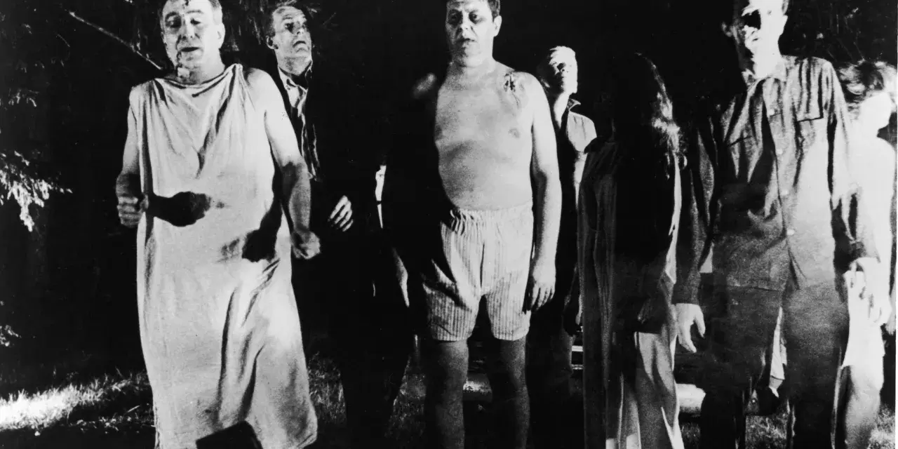 Un gruppo di persone dall'aspetto spettrale, un'immagine che evoca il significato di un b movie, cammina in un bosco di notte.