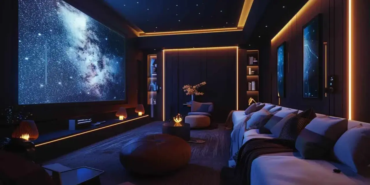 Sala cinema immersiva con schermo gigante, divani comodi e luci soffuse che creano un'atmosfera stellare.