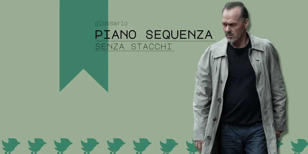 Un uomo con un trench osserva pensieroso, mentre il testo "PIANO SEQUENZA SENZA STACCHI" evoca l'arte del **long take cinema**.