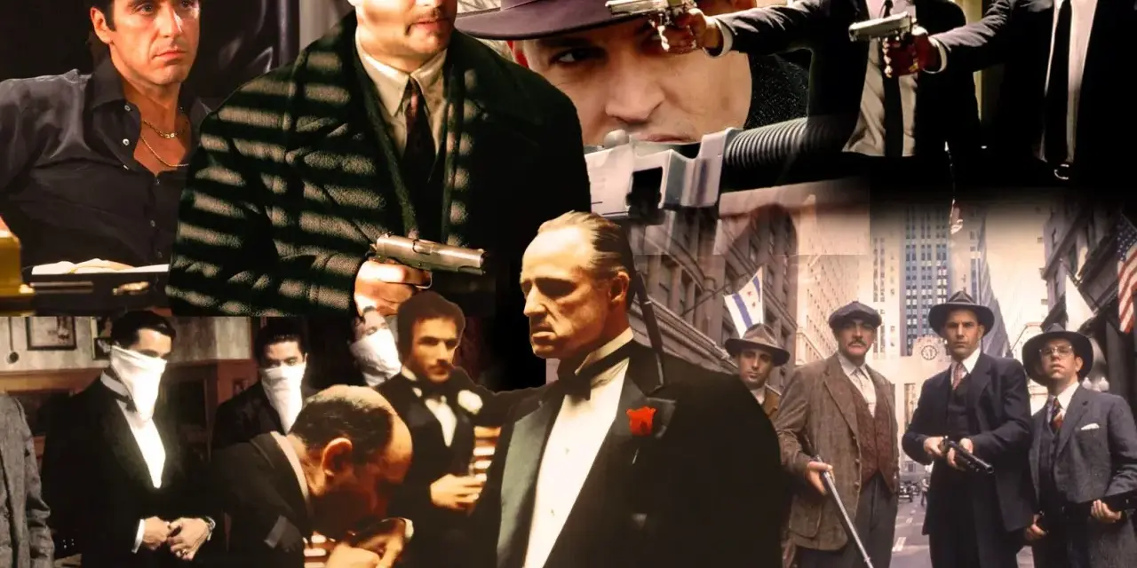 Collage di scene iconiche di film criminali: uomini con pistole, abiti eleganti e sguardi minacciosi.