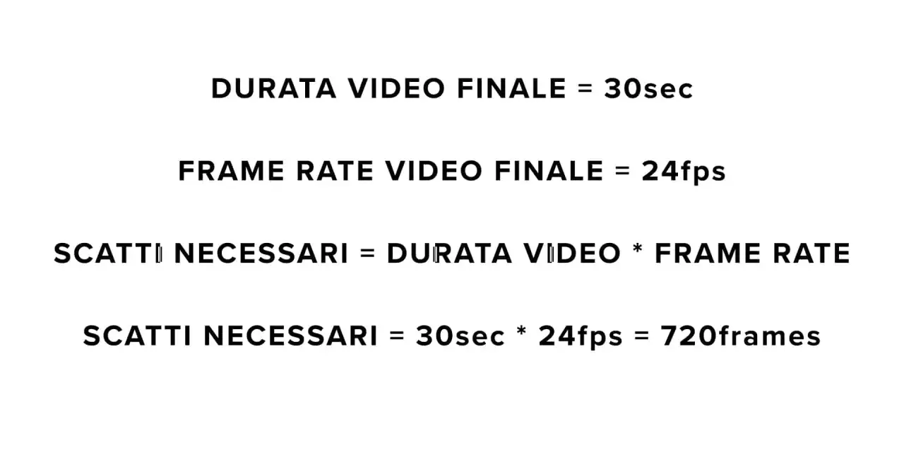 Calcolo scatti per time lapse: 30 secondi a 24fps richiedono 720 fotogrammi.