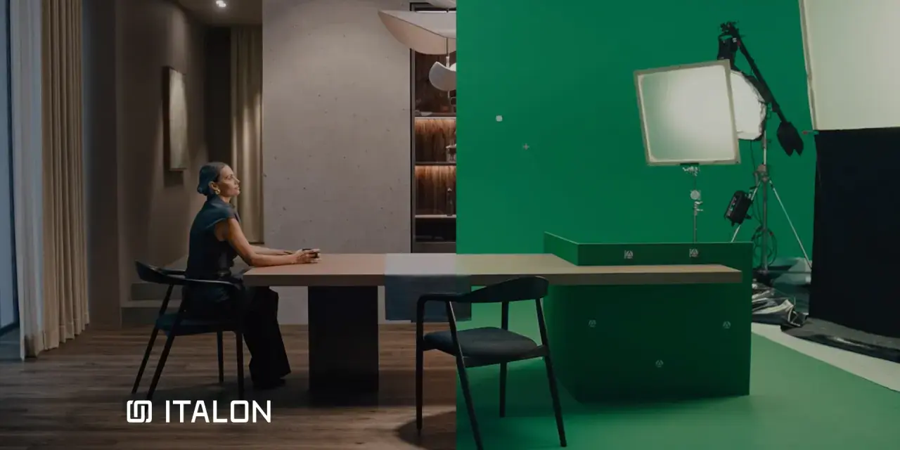 Scena divisa: a sinistra, una donna seduta a un tavolo in un interno elegante; a destra, un set con green screen e luci, dove nascono gli effetti speciali cinema.