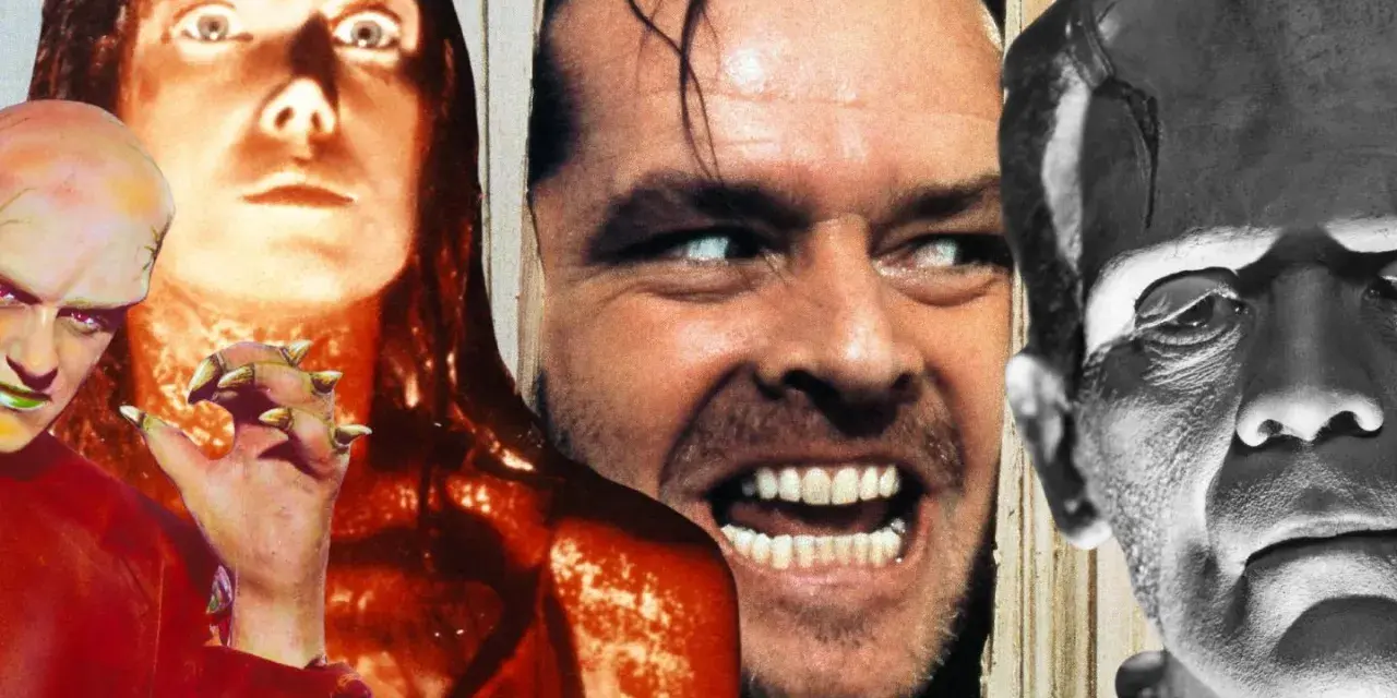 Icone del **film horror ospedale psichiatrico**: Jack Nicholson, Frankenstein e altre figure terrificanti.