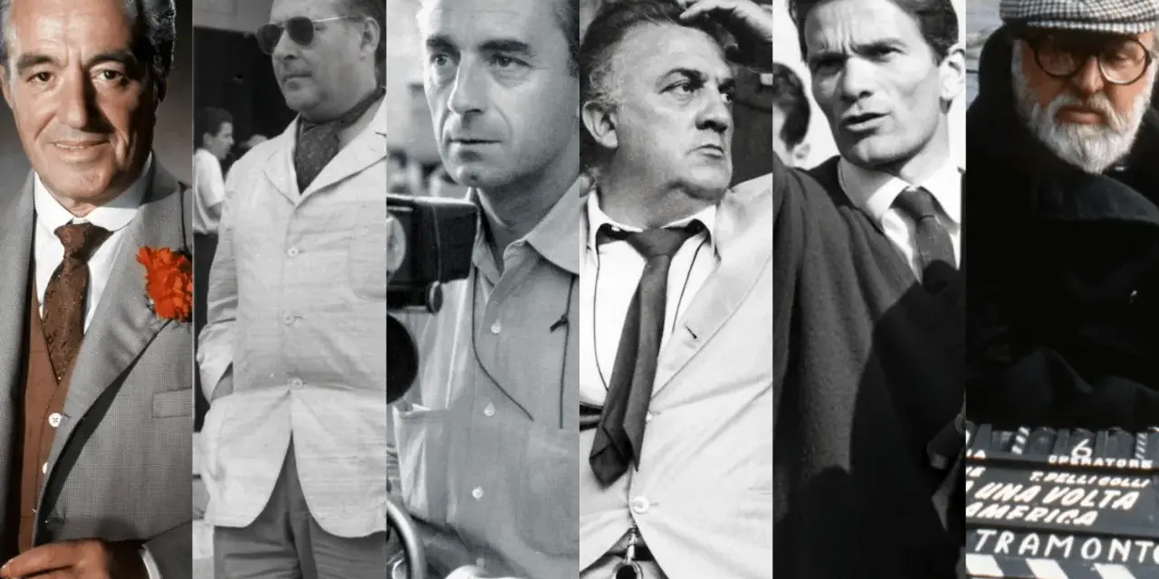 Cinque volti di un regista romano famoso, tra cui Marcello Mastroianni, in un collage di immagini cinematografiche.
