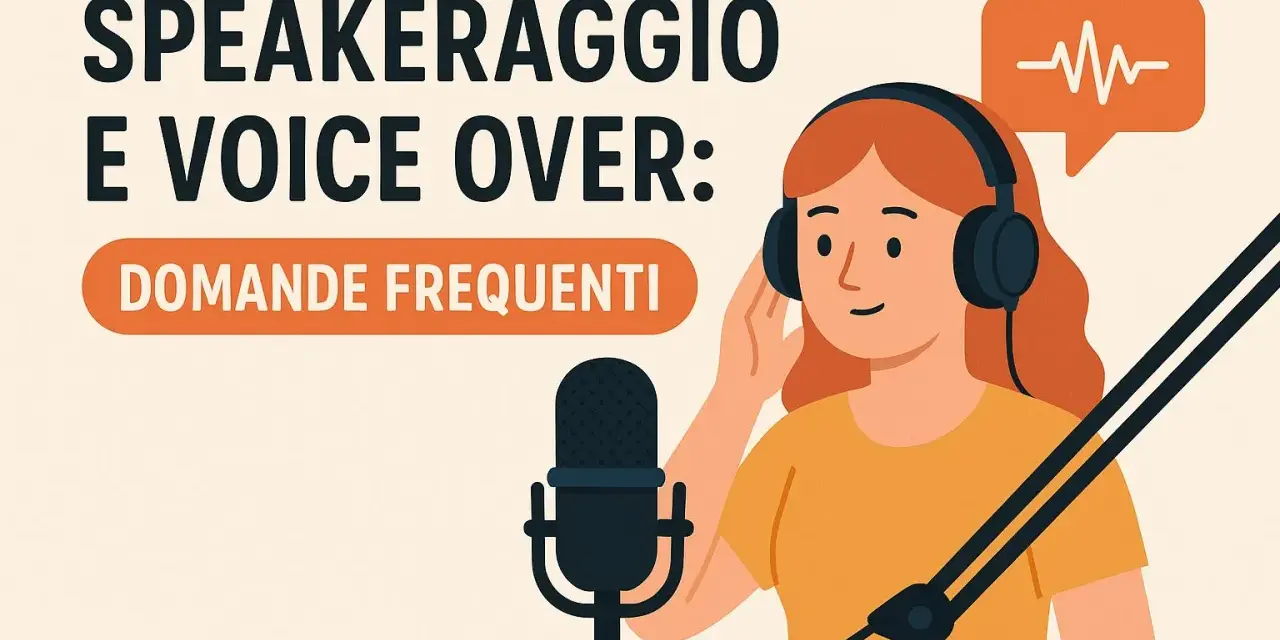 Ragazza con cuffie e microfono, testo "Speakeraggio e Voice Over: Domande Frequenti". Cos'è il voiceover?