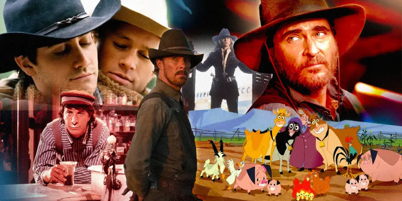 Collage di scene da film western, con personaggi famosi e animali animati, per celebrare i migliori film western.
