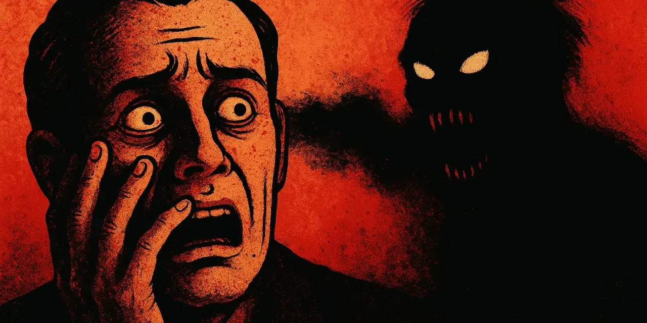 Un uomo terrorizzato con la mano sul volto, mentre un'ombra oscura con occhi luminosi e denti aguzzi emerge da un fumo nero. Un'immagine perfetta per i film horror corti.