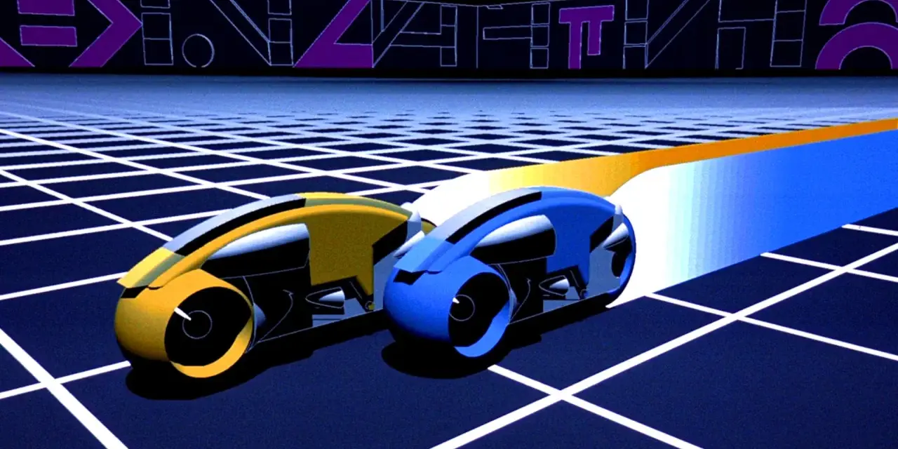 Due moto da corsa digitali, una gialla e una blu, sfrecciano su una griglia luminosa, un classico esempio di effetti speciali cinematografici.