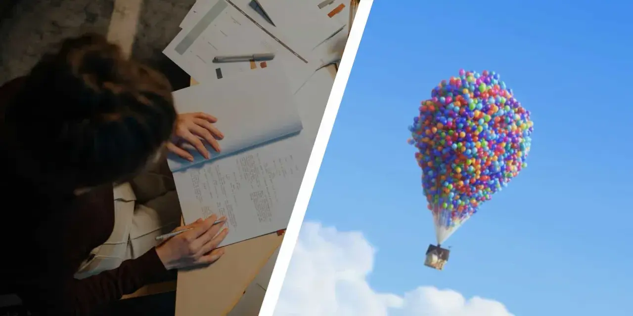 Una persona analizza una **scheda di analisi di un film** mentre una casa vola nel cielo con palloncini colorati.