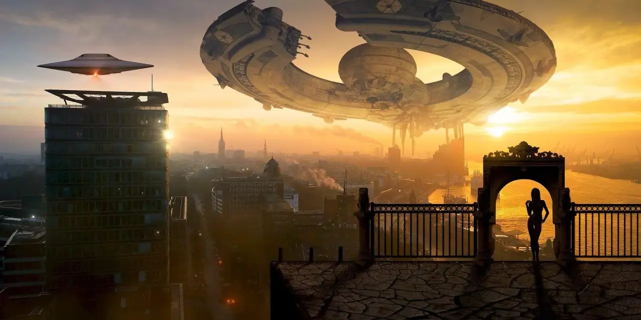 Un'imponente nave madre sci fi incombe su una città al tramonto, mentre un UFO più piccolo sorvola un grattacielo. Una figura silhouette osserva la scena da un balcone.
