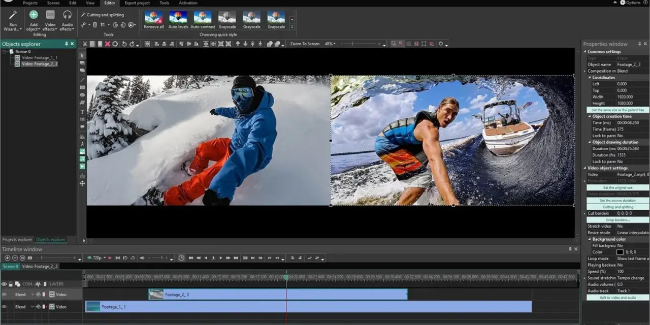 Editor video Windows 10 gratis: VSDC mostra un'anteprima di video di snowboard e wakeboard, pronto per il montaggio.