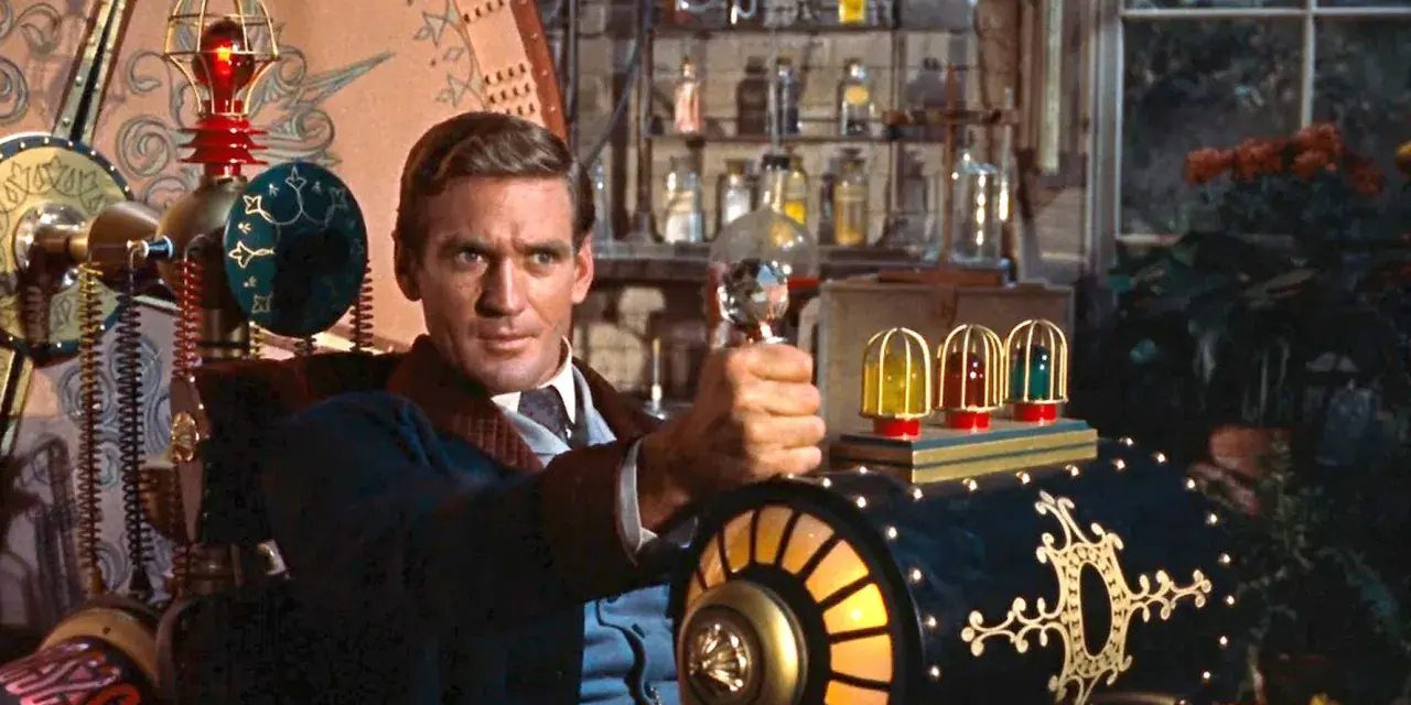 Un uomo con un'invenzione steampunk, un vero film primer per gli amanti della fantascienza.