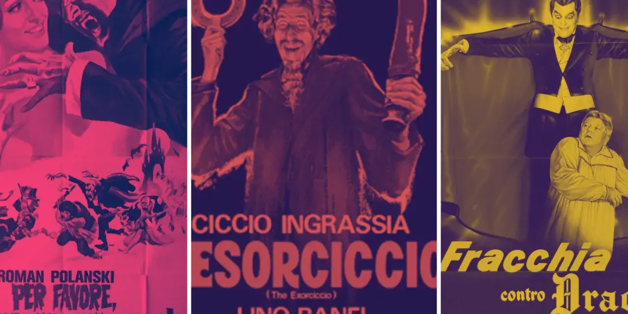Locandine di film horror divertenti: un vampiro minaccia una donna, un esorcista con falce e ferro di cavallo, e Fracchia contro Dracula.