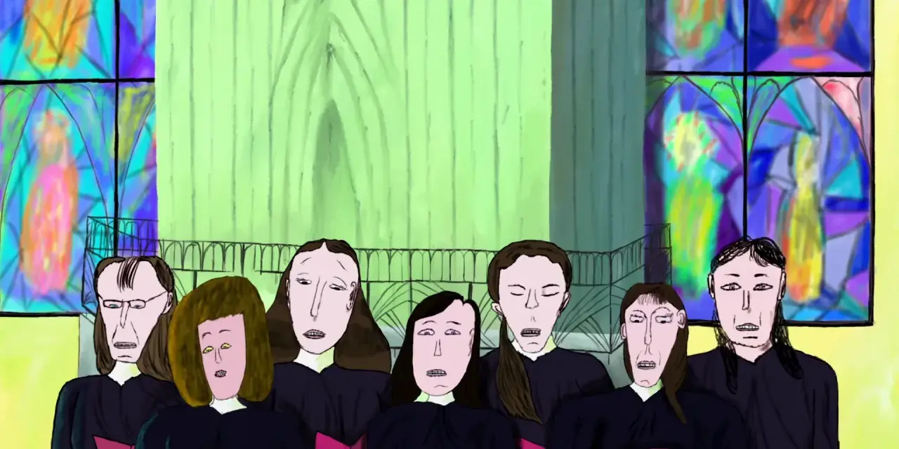 Coro di voci in una chiesa con vetrate colorate. Un'immagine che potrebbe far parte dei migliori cortometraggi animati.