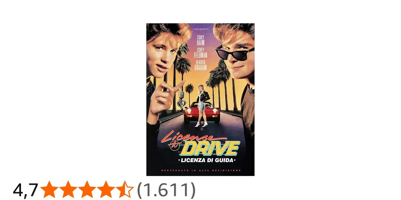 Locandina di "Licenza di guida", un film con Corey Haim e Corey Feldman, che ricorda i film tedeschi famosi per il suo stile anni '80.