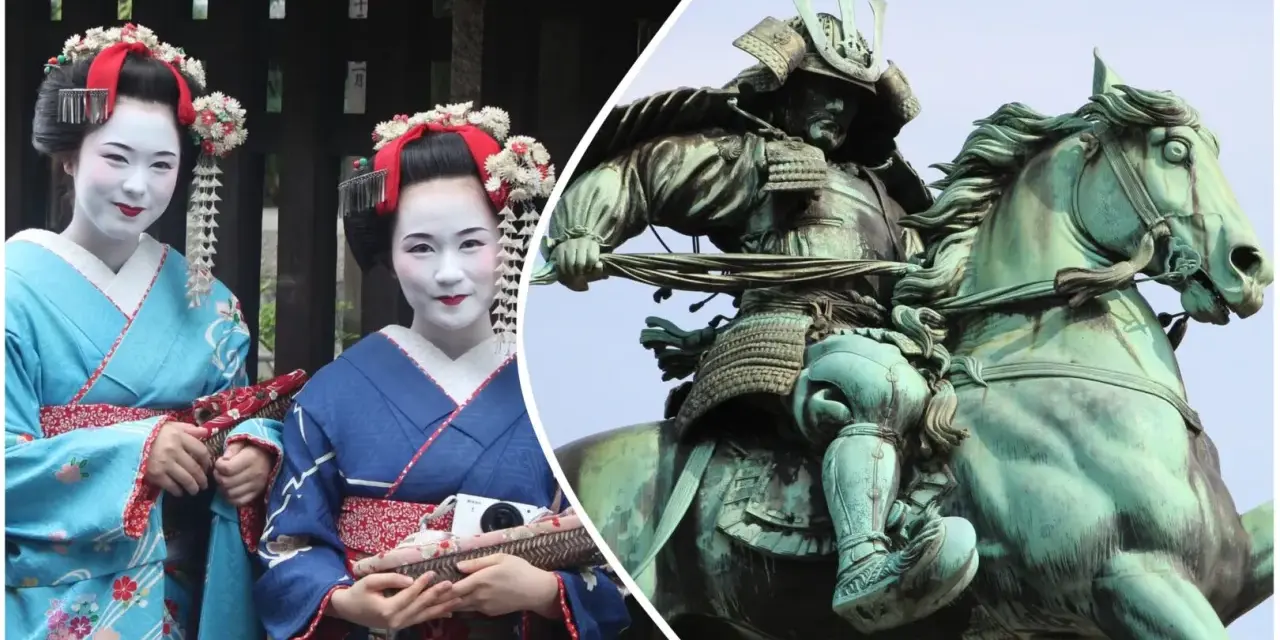 Due geishe in kimono e una statua di samurai a cavallo, immagini iconiche dei film giapponesi famosi.