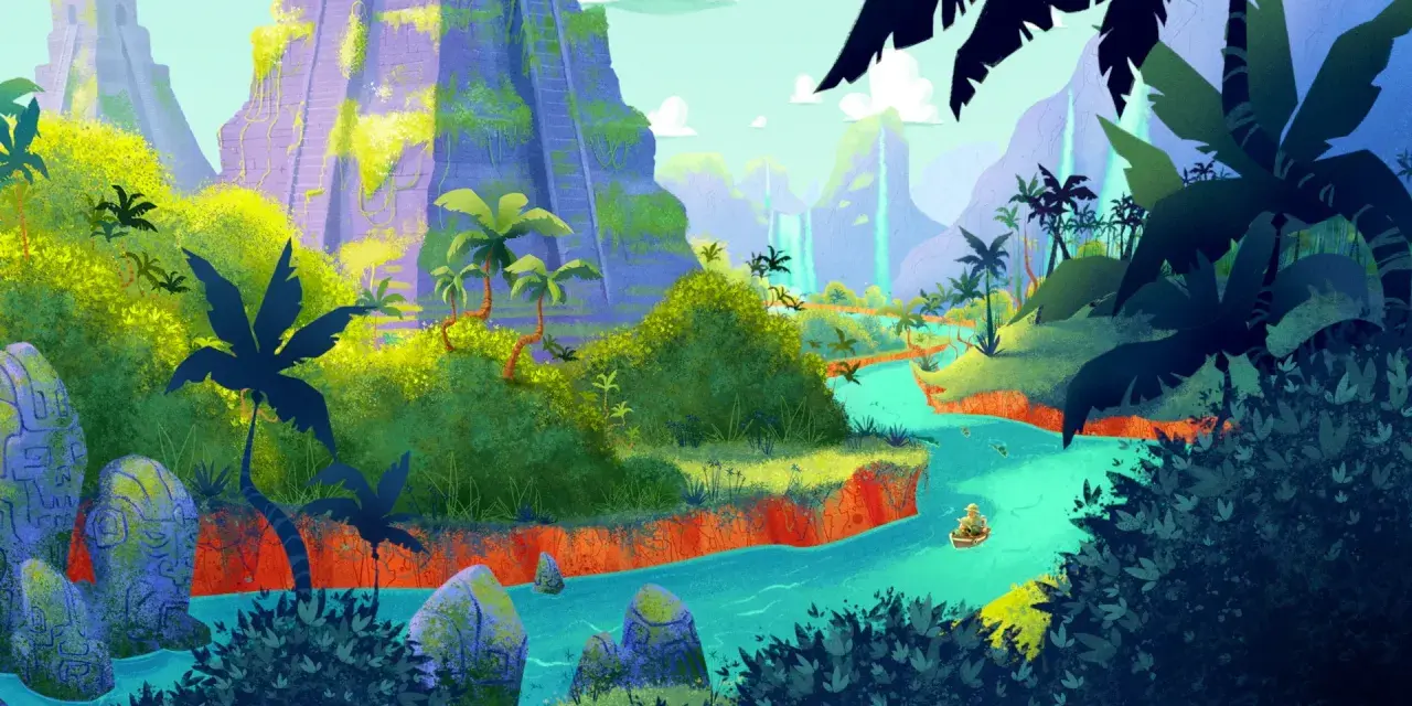 Un bambino su una barca naviga un fiume turchese tra rovine antiche e giungle lussureggianti, un'avventura perfetta per i cortometraggi per bambini.